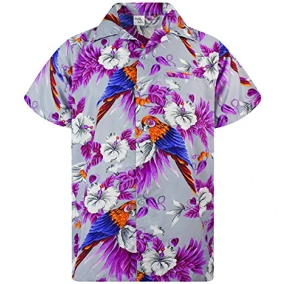 Image of King Kameha Mens Vintage Hawaiian Shirt Casual Short Sleeve Button Down Bird Designs, Cherry Parrot, Grey, L