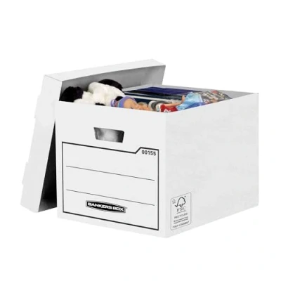 Image of 10 BANKERS BOX Storage Boxes Durable with Lids Heavy Duty Cardboard Handles for &amp; Relocating W32.5 x H28.5 D39cm (Pack of 10) White