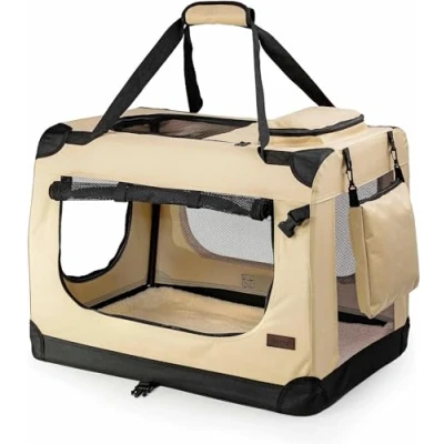 Image of lionto Pet Carrier Foldable Dog Transport Box Car Crate Small Animal Carrier, (XXL) 90x61x65 cm beige