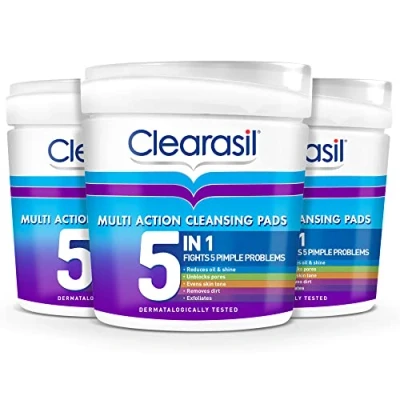 Image of Clearasil 5 In 1 Multi Action Cleansing Salicylic Acid Pads, Face Exfoliating For Acne Prone Skin, Unblock Pores, Reduces Blackheads, Pimples &amp; Excess Oil, Everyday Spot Prevention, 65&#039;s (Pack Of 3)