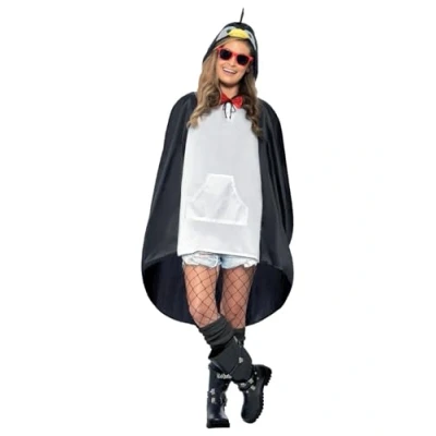 Image of Smiffys Penguin Party Poncho, Black &amp; White with Drawstring Bag, Poncho Fancy Dress, Animal Dress Up Costumes