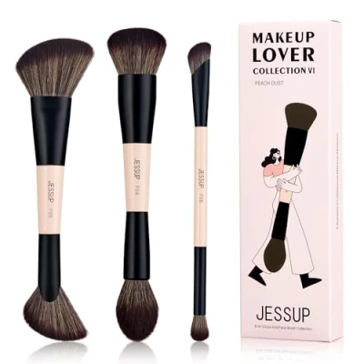 Image of Jessup Face Makeup Brushes 3pcs Double Ended Brush Set for Foundation Contour Blush Highlight and Powder, Premium Synthetic Make up Peach Dust T508