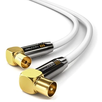 Image of deleyCON 7.5m (24.61 ft.) TV Antenna Cable Coaxial Gold Plated Connector 2x 90 Angle Metal UltraHD FullHD HDTV 100dB White