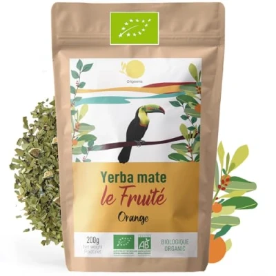 Image of ORIGEENS ORGANIC Yerba Mate with ORANGE 200gr Tea unsmoked, Leaf, Without Stems, not powdery Energy and Detox Drink