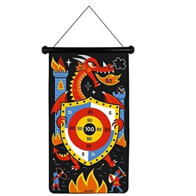 Image of Janod Magnetic Dartboard with Dragons and Knights Theme Two Sided Game Of Skill Teaches Agility Concentration 6 Darts from 4 Years, J02084, White