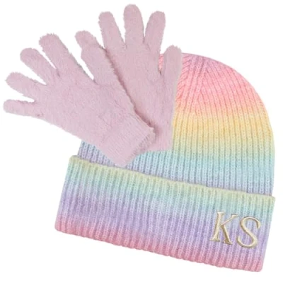 Image of TeddyT&#039;s Personalised Rainbow Pastel Knitted Rib Beanie Hat &amp; Fluffy Pink Gloves