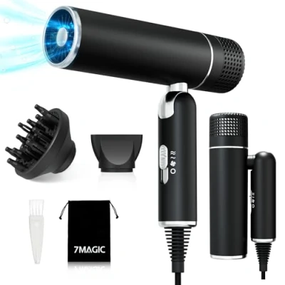 Image of Hair Dryer, 1600W Travel Dryer with Diffuser and Concentrator Nozzle, Black
