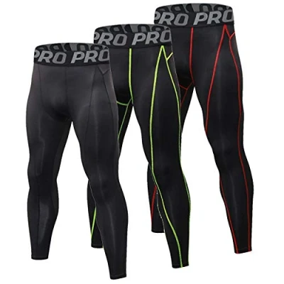 Image of Minghe Mens Compression Cool Dry Running Base Layer Cycling Workout Athletic Sports Leggings, 3 Pack, Black+red Line+green Line, L