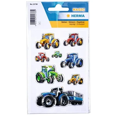 Image of HERMA 15738 Stickers for Children, Tractors Race (8 Stickers, Plastic, with Embossing) Self Adhesive, Permanent Adhesive Motif Labels Girls and Boys, Colourful