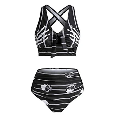Image of Lalaluka Swimsuit Set Women&#039;s Bikini Skull Print Crossover Knotted High Waist Swimsuits Swimwear Two Piece Top Bottoms Beach Black M