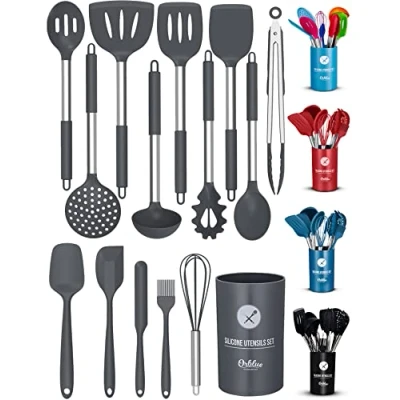 Image of ORBLUE Silicone Kitchen Utensils, 14 Piece Utensil Set with Holder, Cooking Utensils Safe Food Grade Heads and Stainless Steel Handles Heat Proof Handle Covers, Gray