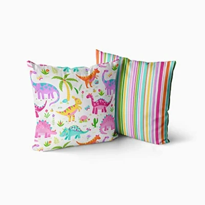 Image of Happy Linen Company Girls Boys Kids Dinosaur Park Jurassic White Square 43cm x Reversible Cushion Covers