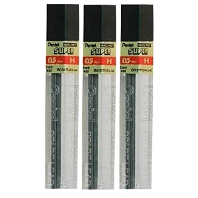 Image of Pentel 0.5mm Size H Shade Hardness Pencil Refill Replacement Spare Leads Hi Pollymer Super For Automatic &amp; Mechanical Pencils (Pack Of 3 Tubes 36 Pieces)