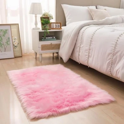 Image of YIHAIC Faux Sheepskin Rug Fur Fluffy and Soft Area for Bedroom Rooms Decor, Shaggy Rugs Cozy Home Feel (Pink, 60 x 90cm)