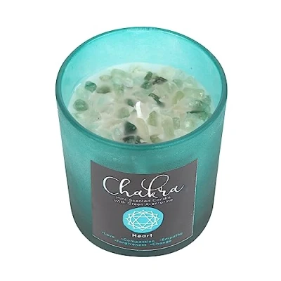 Image of UK Heart Chakra Mint Crystal Chip Candle Fragrance, Green Glass, Metallic Lid Aventurine Chips