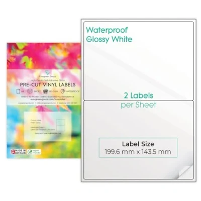 Image of 10 Sheets A4 Glossy Vinyl (PVC) White Precut Waterproof Multipurpose Label Self Adhesive Multi Sticker Labels Inkjet Printable (1 x 2 (2 per Sheet))