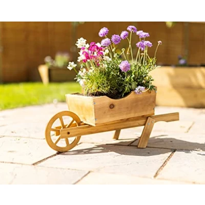 Image of Garden Mile® Wooden Planter Novelty Wheelbarrow Plant Herb Flower Holder 3 Shelf 2 Tier Natural Outdoor Patio Decor Ornament (Wooden Planter)