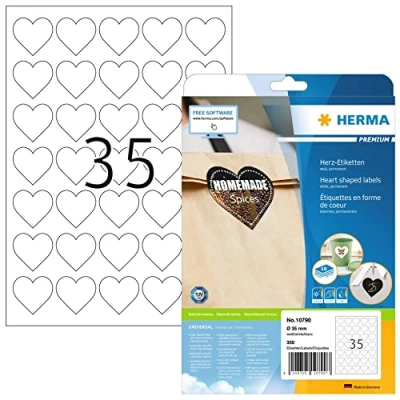 Image of HERMA Self Adhesive Heart Labels, 35 Labels per A4 Sheet, 10 Sheets, Ø mm, 350 Blank Shaped Stickers, Sticky for Laser &amp; Inkjet Printer, White