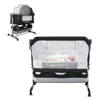 Image of Mobiclinic® Kids, 3 in 1 Crib, Co Sleeping Rocker, Crib with Adjustable Incline, Level Height, Up to 20 kg, 360º Wheels, Mosquito Net, Storage Basket