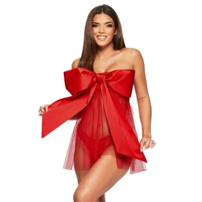 Image of Ann Summers All Wrapped Up Satin Dress Lingerie Set, Sexy Christmas Underwear Set for Women, Lace Teddy with Wrap Bow Detail &amp; Matching Red