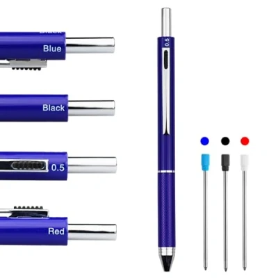 Image of HeTaoCat 4 in 1 Multicolor Pen, Metal Cased Multifunction 0.5mm Mechanical Pencil, Red Ball Blue Pen and Black (Blue)