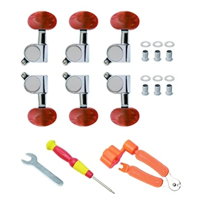 Image of Unxuey Guitar Tuning Pegs 3L 3R Machine Heads Tuners, Enclosed String Keys with Mounting Hardware, For Acoustic Electric Guitar, Silver