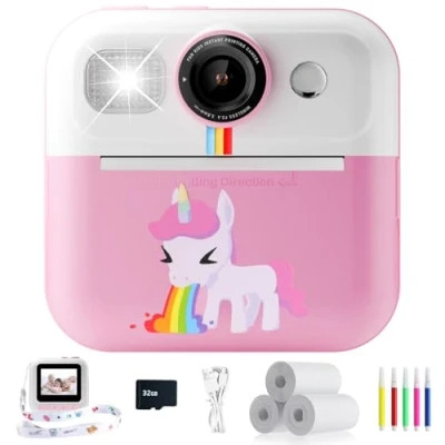 Image of Kids Camera, Instant Print Camera for 3 12 Year Old Girls, Digital Selfie Kids, Children Toys with 32GB Card 1080P, Christmas Birthday Gifts Age 4 5 6 7 8 9 Years Girls