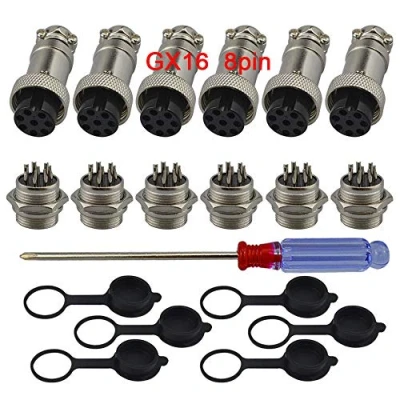 Image of QitinDasen 6Pcs Premium 8 Pin GX16 Aviation Connector, 5A 16mm Thread Male Female Panel Metal Wire Connector Plug Socket, with Rubber Protector Cap and Phillips Screwdriver