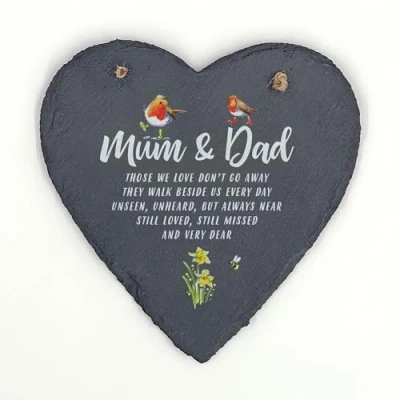 Image of Image Industry Mum &amp; Dad Slate Heart Hanging Memorial Gift Robin Lovers