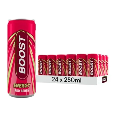 Image of Boost Energy Drink Red Berry Flavour 24 Pack Drinks with Caffeine, Taurine and Vitamin B Carbonated Gluten Free Vegan Low Calorie Fizzy Multipack 24x250ml