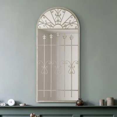 Image of The Somerley Extra Large Rustic Framed Arched Gothic Window Style Leaner Wall Mirror 55&quot; X 26&quot; (140CM 65CM) Stone Colour, Beige