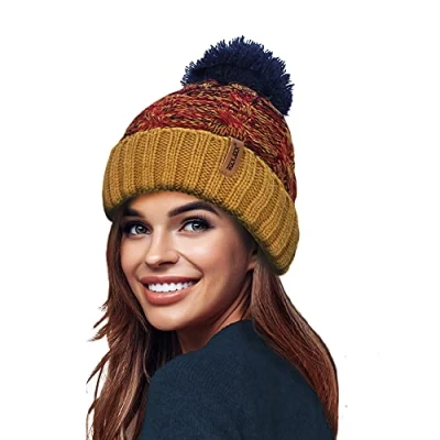 Image of RockJock STORMACTIVE 100% Waterproof Ladies Unisex Chunky Ombre Warm Winter Teddy Fleece Lined Knitted Pompom Beanie Hat Mustard/Navy