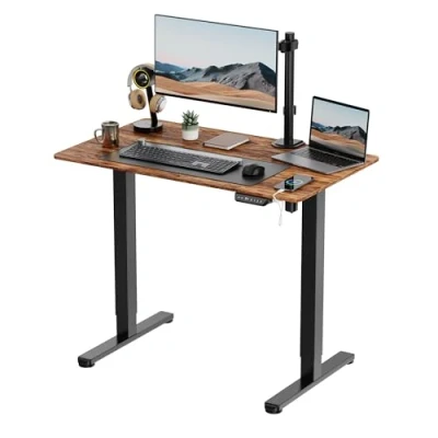 Image of VonHaus Electric Standing Desk, Height Adjustable Sit Stand Desk w/Anti Collision &amp; Preset Technology, Cable Management USB C Charging, 100x60cm, Two Piece Rustic Desktop Black Frame