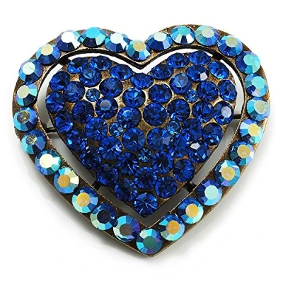 Image of Avalaya Bronze Tone Dazzling Diamante Heart Brooch (Navy Blue)
