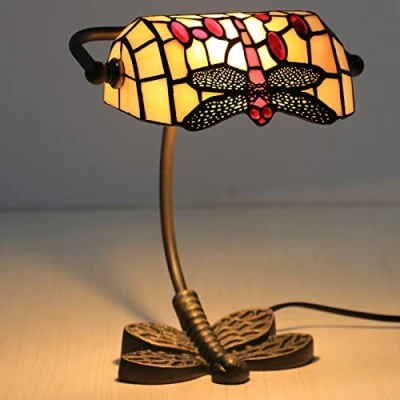 Image of Uziqueif Tiffany Bankers Lamp, Stained Glass Retro Classic Desk Led Bedside Dragonfly