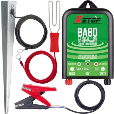 Image of 12 Volt Battery Powered Electric Fence Energiser XSTOP BA80 10Km Range, 0.6 Joule Output, Weatherproof Kit Includes Leads and Earth Stake. For Horses Other Animals