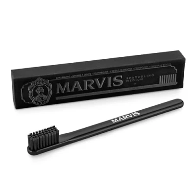 Image of Marvis Toothbrush Black, Plastic with Clear Travel Head Cover, Effectively Breaks Up Plaque and Tartar