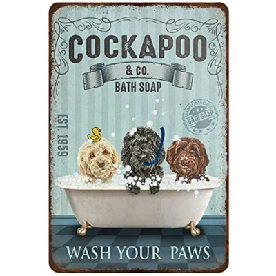 Image of Rustic Retro Metal Tin Sign Cockapoo Dog Bath Soap Vintage Bar Club Family Bathroom Toilet Cafe Wall Decoration Fun Animal Housewarming Gift 12x8 Inch