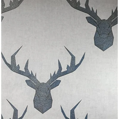 Image of Wallpaper Empire Nina Hancock Designer Geometric Stag Grey Linen and Blue