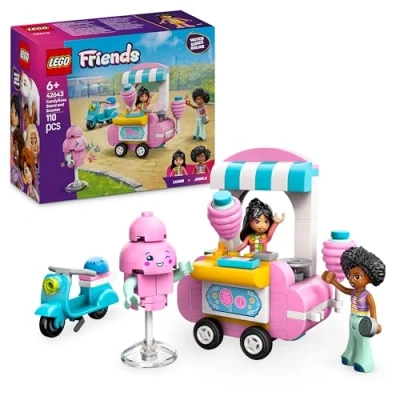Image of LEGO Friends Candyfloss Stand and Scooter Toy, Kids’ Creative Building Set with 2 Character Mini Dolls, Wheelable Food Cart Accessories, Gift for 6 Plus Year Old Girls 42643