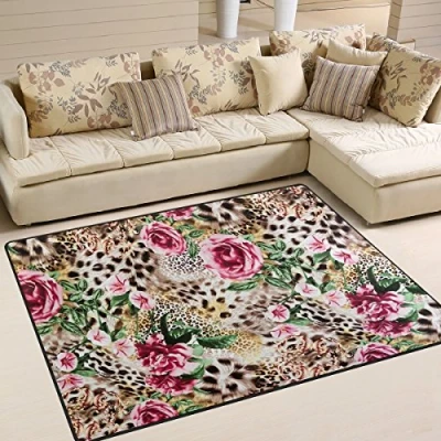 Image of Use7 Leopard Print Rose Flower Area Rug Rugs for Living Room Bedroom 160cm x 122cm(5.3 4 feet)