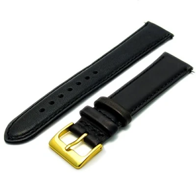 Image of Soft Genuine Leather Watch Strap Band 18mm, Black, Gilt (Gold Colour) Buckle