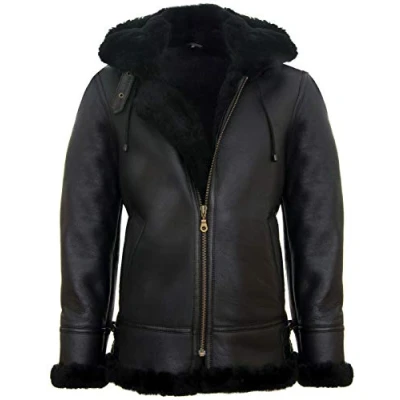 Image of Infinity Leather Mens Hooded Sheepskin B3 Flying Jacket Columbus Black Size X Large