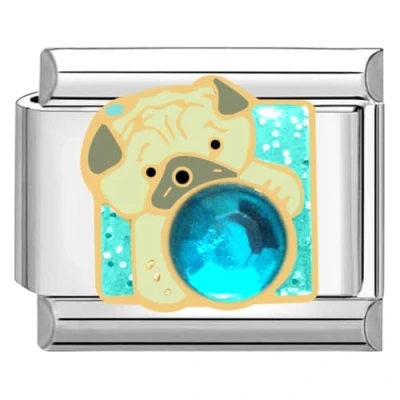 Image of Quiges 9mm Italian Style Charm Link Module Stainless Steel Zirconia Blue Dog for Bracelets