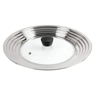 Image of KUHN RIKON Tapa de Cristal Multi Purpose Glass and Stainless Steel lid That fits Any Pot or pan with a Diameter of 24 to 30 cm, has viewer View The Food, knob Always Stays Cold