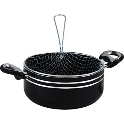 Image of Marble Coated Non Stick Aluminium Chip Pan with Fryer Basket and Lid (Black, 20cm)
