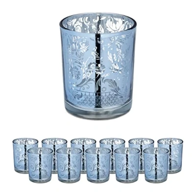 Image of Relaxdays Tealight Holders, Set of 12, Silver, Floral Pattern, 8.5 x 7 cm, Mirrored, Votive Candle Glasses, General