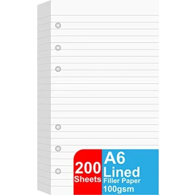 Image of (2 Pack) A6 Lined Refill Paper, 200 Sheets/400 Pages Loose Leaf Paper for Filofax Personal Binders, 6 Holes Punched, 100gsm Ruled White Page, 9.5 x 17.1mm