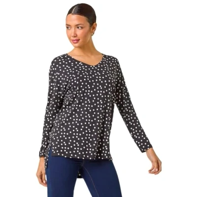 Image of Roman Womens Spot Print Stretch Tunic Top Black Size 12 UK