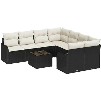 Image of vidaXL 9 Piece Garden Sofa Set with Cushions Black Poly Rattan